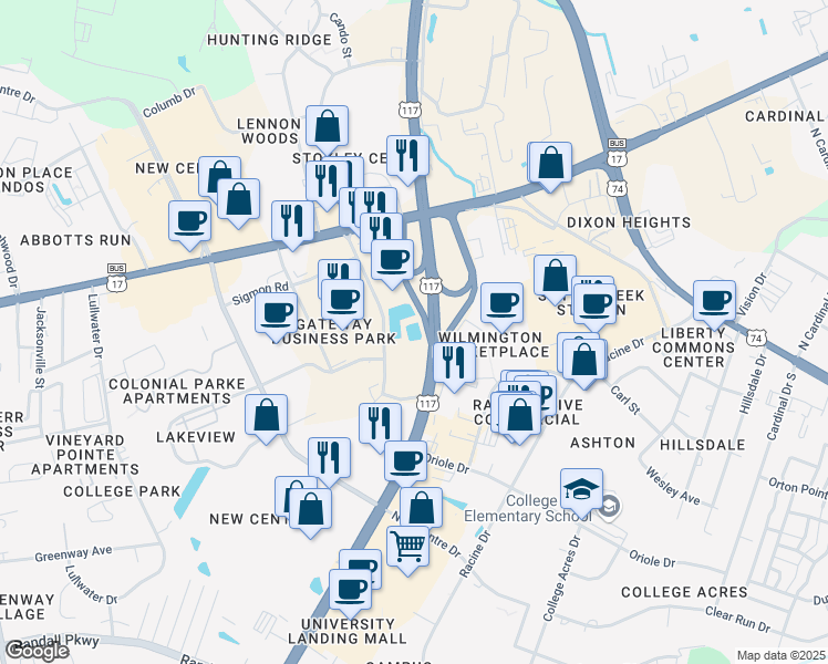 map of restaurants, bars, coffee shops, grocery stores, and more near South College Road in Wilmington