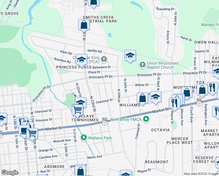 map of restaurants, bars, coffee shops, grocery stores, and more near 106 Haywood Drive in Wilmington