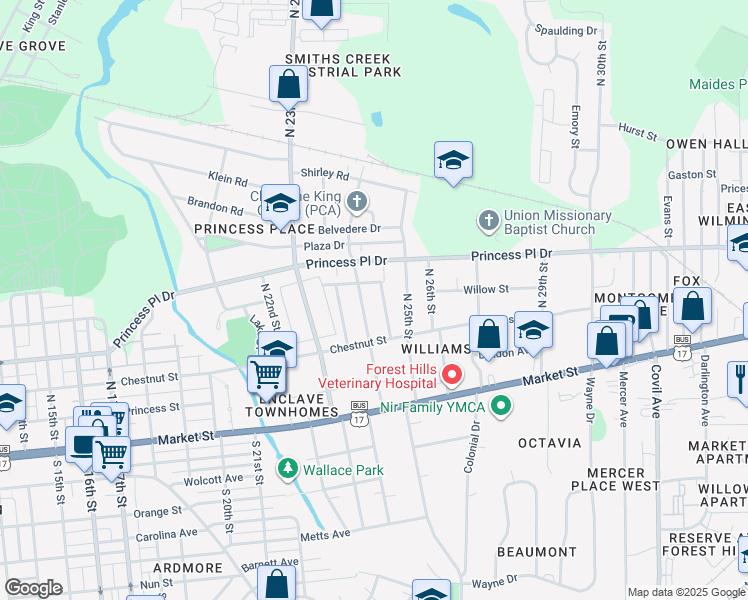 map of restaurants, bars, coffee shops, grocery stores, and more near 106 Haywood Drive in Wilmington