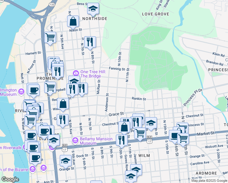 map of restaurants, bars, coffee shops, grocery stores, and more near 513 North 10th Street in Wilmington