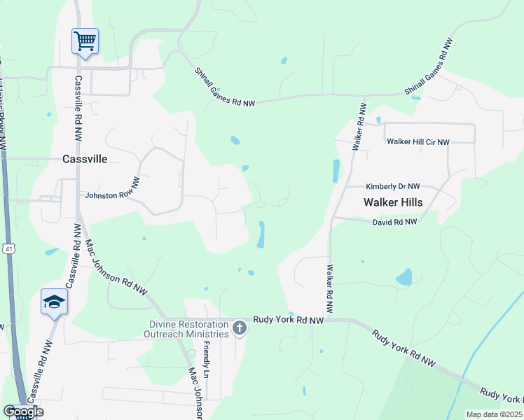 map of restaurants, bars, coffee shops, grocery stores, and more near 18 Starlight Drive in Cartersville