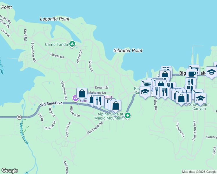 map of restaurants, bars, coffee shops, grocery stores, and more near 40263 Dream Street in Big Bear Lake