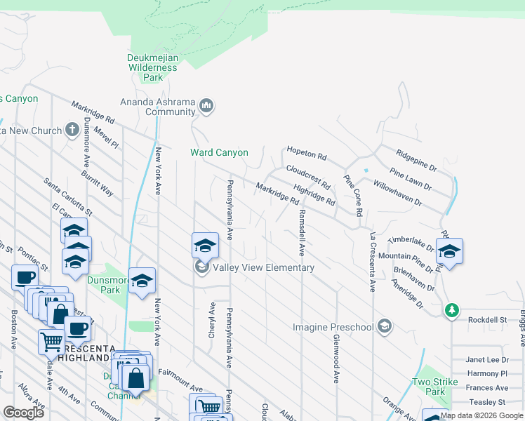 map of restaurants, bars, coffee shops, grocery stores, and more near 3113 Harmony Place in La Crescenta-Montrose