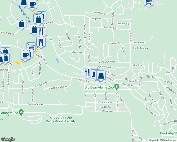map of restaurants, bars, coffee shops, grocery stores, and more near 42560 Cougar Road in Big Bear Lake