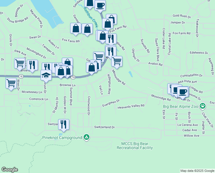 map of restaurants, bars, coffee shops, grocery stores, and more near 556 Killington Way in Big Bear Lake