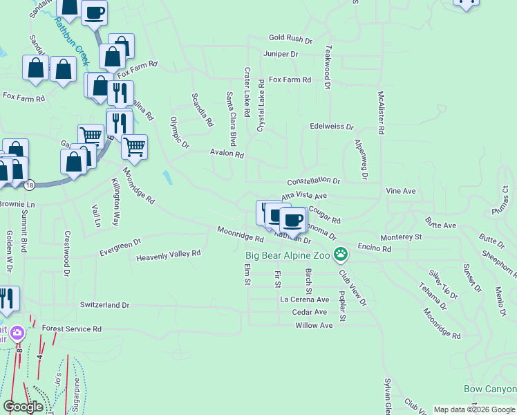 map of restaurants, bars, coffee shops, grocery stores, and more near 42560 Cougar Road in Big Bear Lake