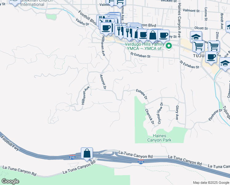 map of restaurants, bars, coffee shops, grocery stores, and more near 7185 Estepa Drive in Los Angeles