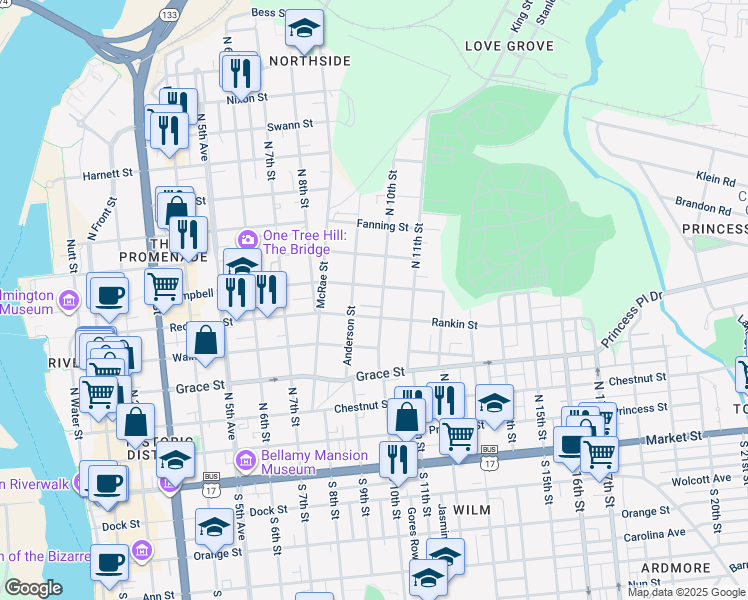 map of restaurants, bars, coffee shops, grocery stores, and more near 513 North 10th Street in Wilmington