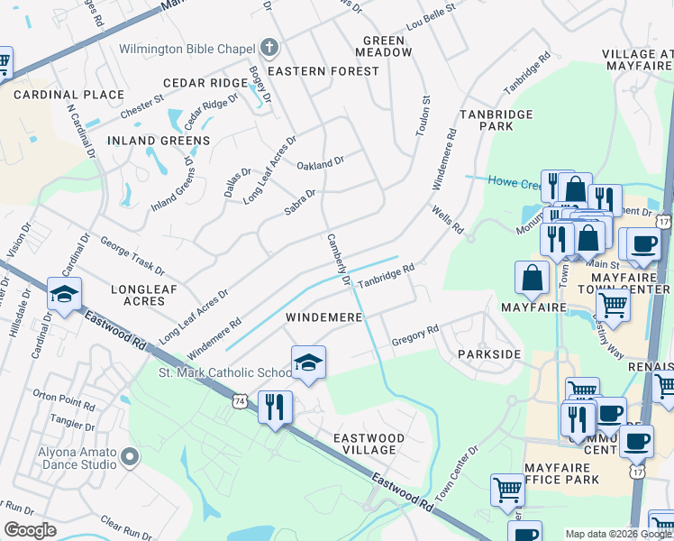 map of restaurants, bars, coffee shops, grocery stores, and more near 301 Tanbridge Road in Wilmington