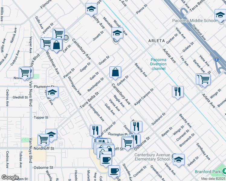 map of restaurants, bars, coffee shops, grocery stores, and more near 9464 Nagle Avenue in Los Angeles