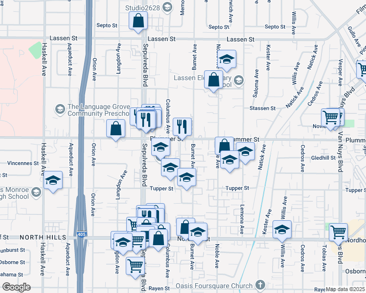 map of restaurants, bars, coffee shops, grocery stores, and more near 15220 Plummer Street in Los Angeles