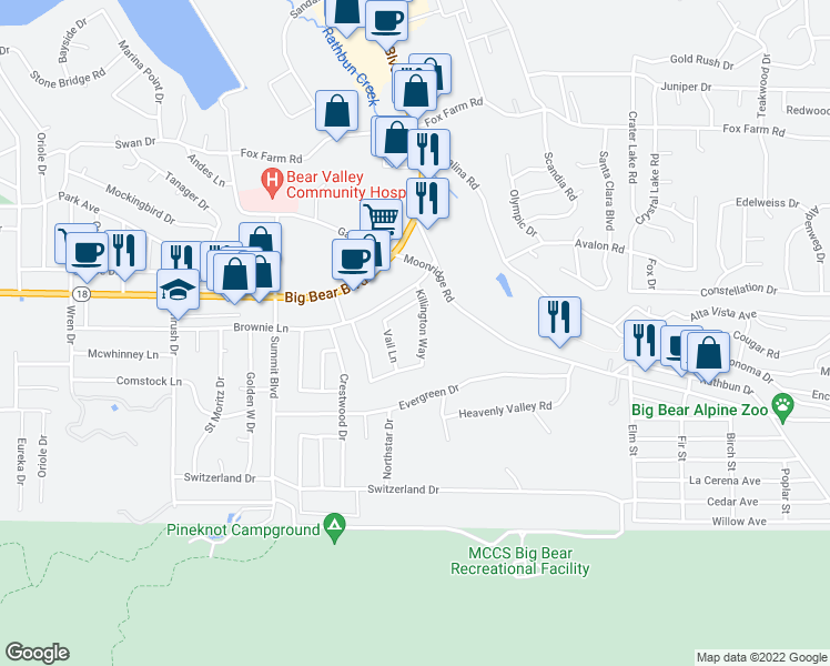 map of restaurants, bars, coffee shops, grocery stores, and more near 556 Killington Way in Big Bear Lake