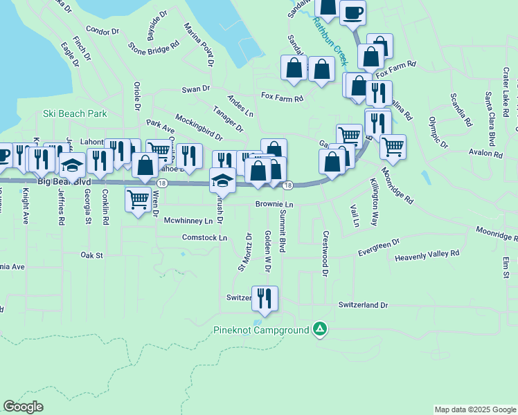 map of restaurants, bars, coffee shops, grocery stores, and more near 570 Saint Moritz Drive in Big Bear Lake