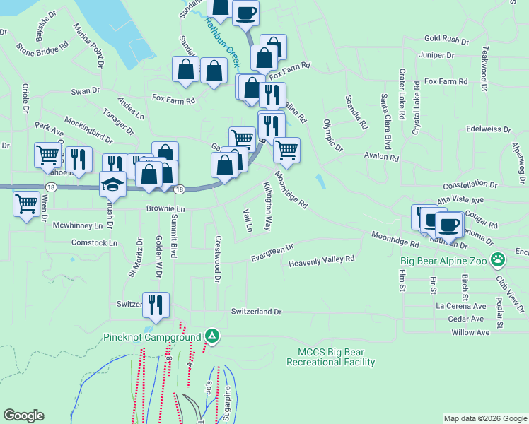 map of restaurants, bars, coffee shops, grocery stores, and more near 556 Killington Way in Big Bear Lake