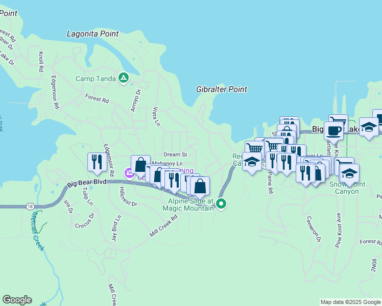 map of restaurants, bars, coffee shops, grocery stores, and more near 40256 Dream Street in Big Bear Lake