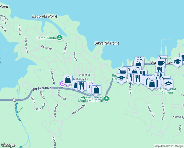 map of restaurants, bars, coffee shops, grocery stores, and more near 40256 Dream Street in Big Bear Lake