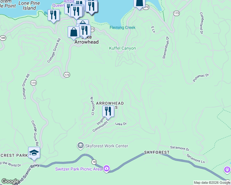 map of restaurants, bars, coffee shops, grocery stores, and more near 628 Arrowhead Villa Road in Lake Arrowhead
