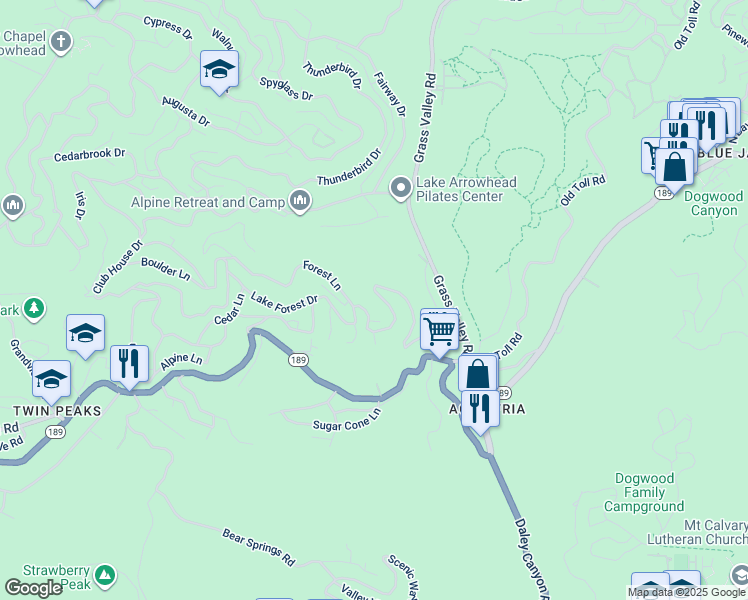 map of restaurants, bars, coffee shops, grocery stores, and more near 26576 Lake Forest Drive in Twin Peaks