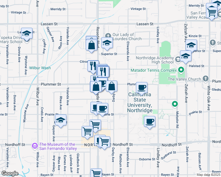 map of restaurants, bars, coffee shops, grocery stores, and more near 18410 Plummer St in Los Angeles
