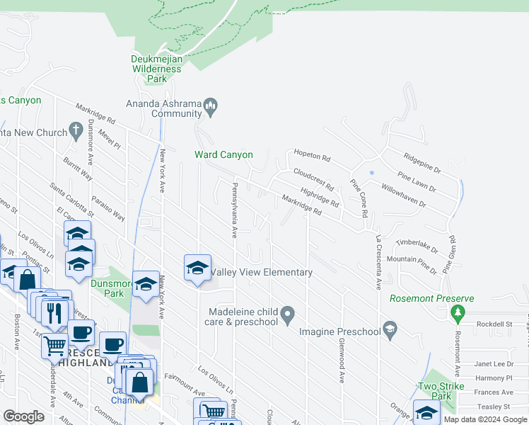 map of restaurants, bars, coffee shops, grocery stores, and more near 3117 Harmony Place in La Crescenta-Montrose