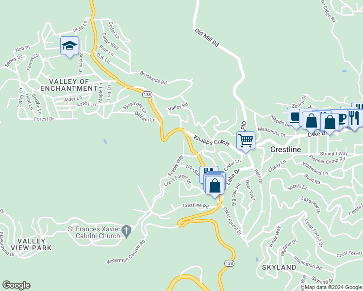 map of restaurants, bars, coffee shops, grocery stores, and more near 614 Lane's End Trail in Crestline