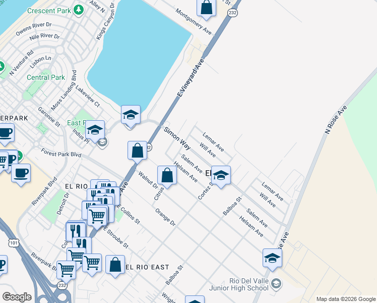 map of restaurants, bars, coffee shops, grocery stores, and more near 326 Simon Way in Oxnard