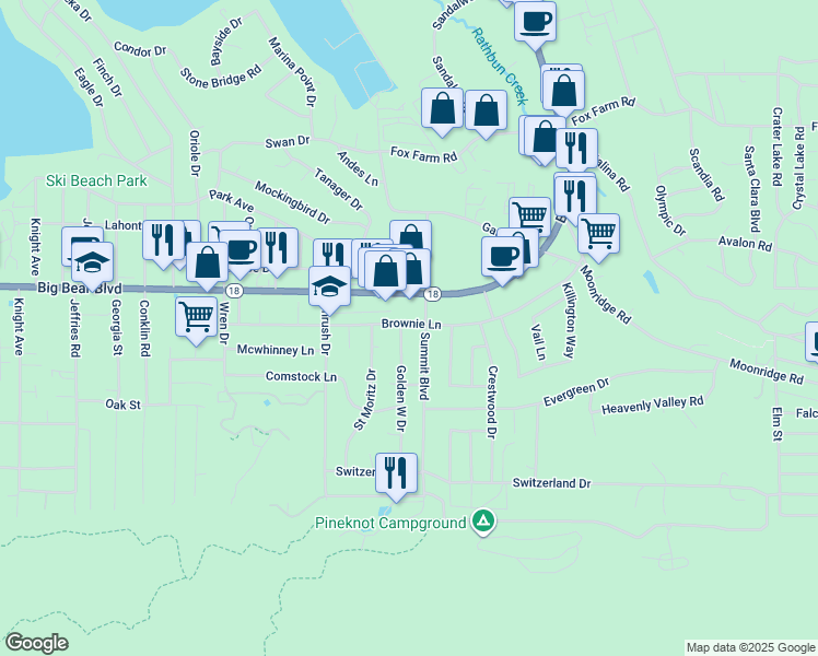 map of restaurants, bars, coffee shops, grocery stores, and more near 41853 Brownie Lane in Big Bear Lake