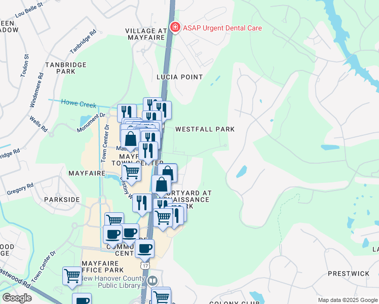 map of restaurants, bars, coffee shops, grocery stores, and more near 1801 Sir Tyler Drive in Wilmington