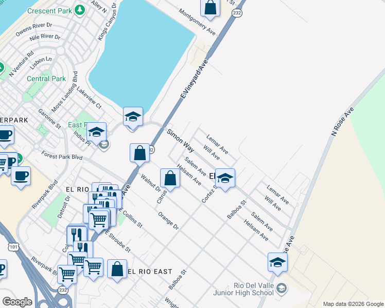 map of restaurants, bars, coffee shops, grocery stores, and more near 326 Simon Way in Oxnard