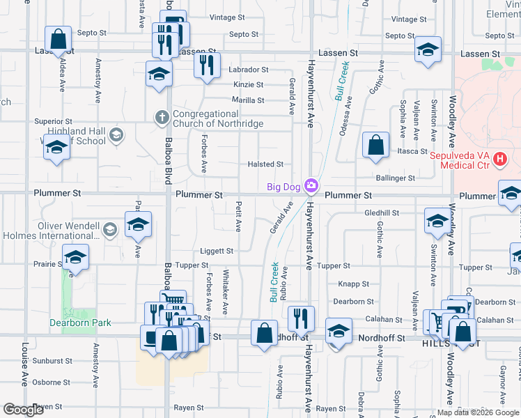 map of restaurants, bars, coffee shops, grocery stores, and more near 9416 Ruffner Avenue in Los Angeles