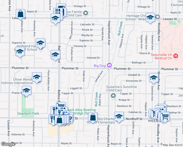 map of restaurants, bars, coffee shops, grocery stores, and more near 9416 Ruffner Avenue in Los Angeles