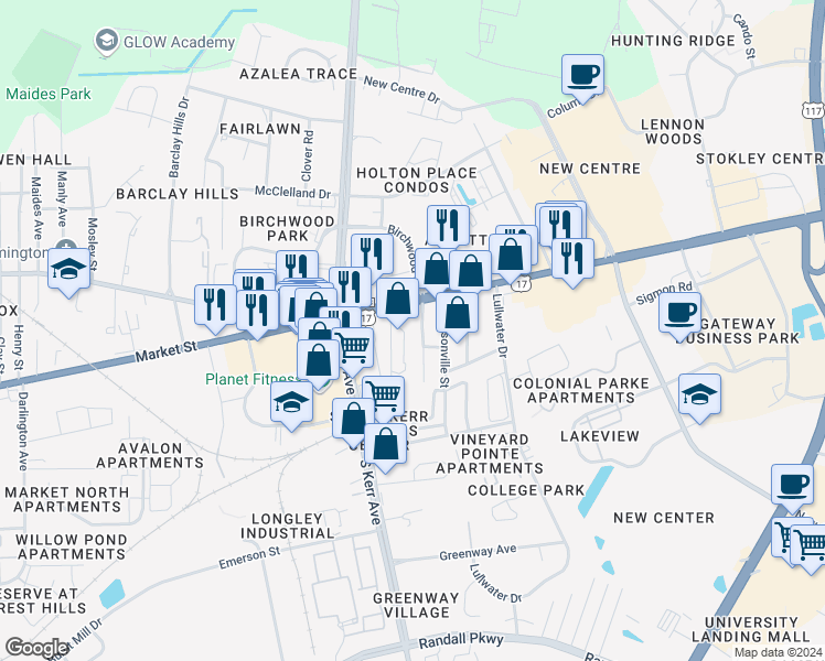map of restaurants, bars, coffee shops, grocery stores, and more near 14 Wilmington Avenue in Wilmington