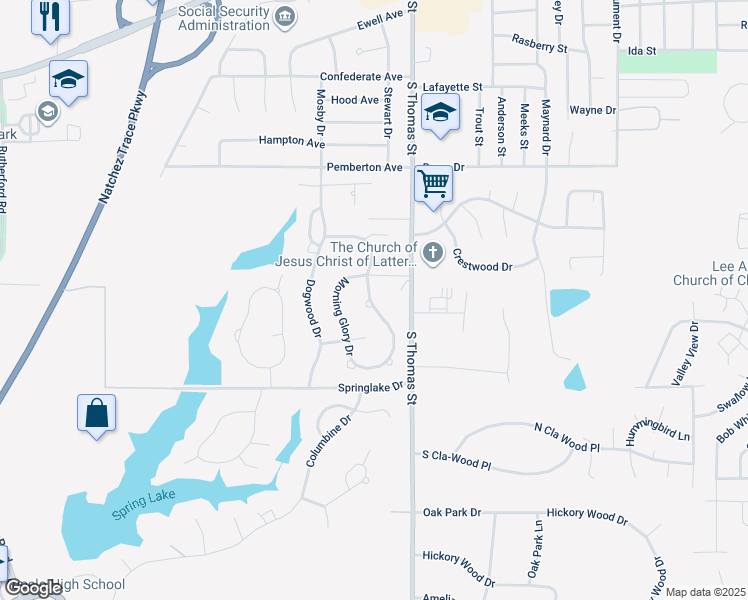 map of restaurants, bars, coffee shops, grocery stores, and more near Morning Glory Circle in Tupelo
