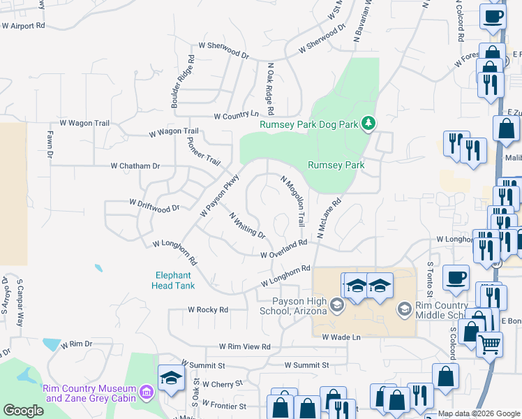 map of restaurants, bars, coffee shops, grocery stores, and more near 207 North Stagecoach Pass in Payson