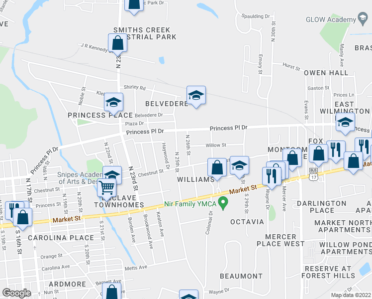 map of restaurants, bars, coffee shops, grocery stores, and more near 235 North 26th Street in Wilmington