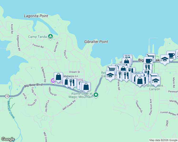 map of restaurants, bars, coffee shops, grocery stores, and more near 560 Talmadge Road in Big Bear Lake
