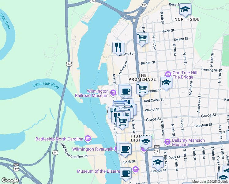 map of restaurants, bars, coffee shops, grocery stores, and more near 623 Nutt Street in Wilmington