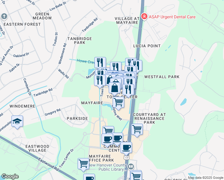 map of restaurants, bars, coffee shops, grocery stores, and more near 6832 Main Street in Wilmington