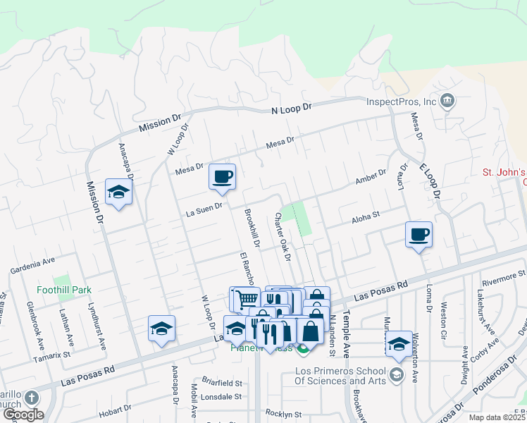 map of restaurants, bars, coffee shops, grocery stores, and more near 2295 Westwood Drive in Camarillo