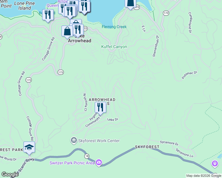 map of restaurants, bars, coffee shops, grocery stores, and more near 608 Arrowhead Villa Road in Lake Arrowhead