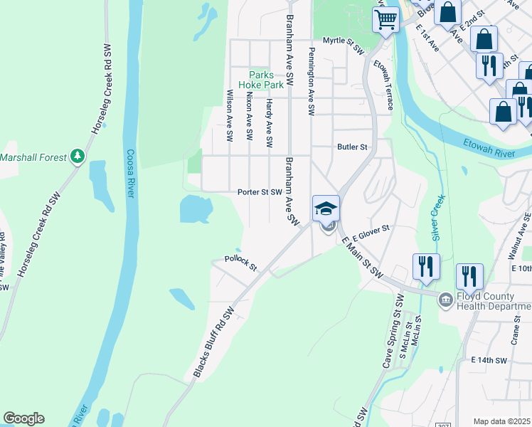 map of restaurants, bars, coffee shops, grocery stores, and more near 614 Hardy Avenue Southwest in Rome