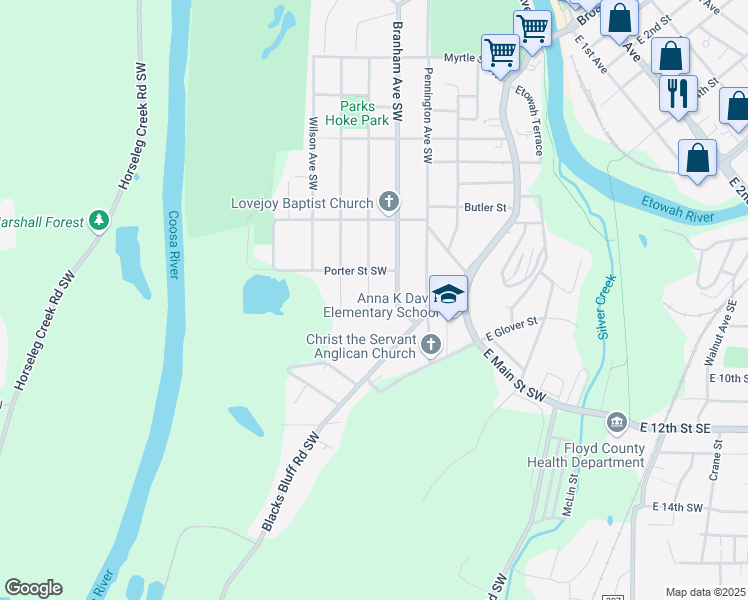 map of restaurants, bars, coffee shops, grocery stores, and more near 609 Hardy Avenue Southwest in Rome