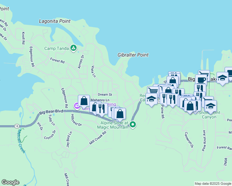 map of restaurants, bars, coffee shops, grocery stores, and more near 40263 Dream Street in Big Bear Lake