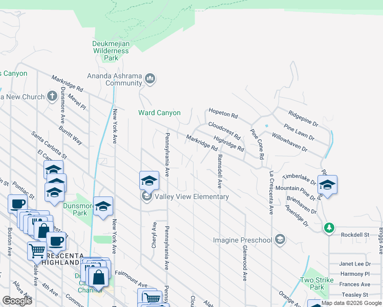 map of restaurants, bars, coffee shops, grocery stores, and more near 3113 Harmony Place in La Crescenta-Montrose