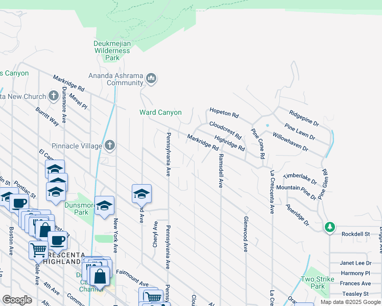 map of restaurants, bars, coffee shops, grocery stores, and more near 3113 Harmony Place in La Crescenta-Montrose