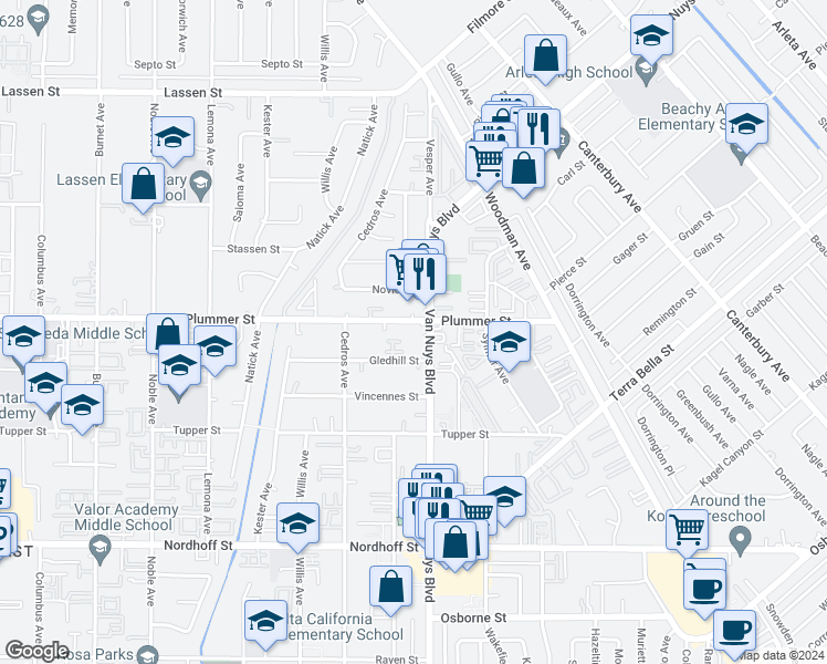 map of restaurants, bars, coffee shops, grocery stores, and more near 14602 Plummer Street in Los Angeles