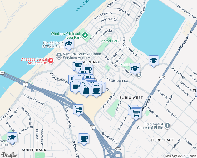 map of restaurants, bars, coffee shops, grocery stores, and more near 2901 Moonlight Park Avenue in Oxnard