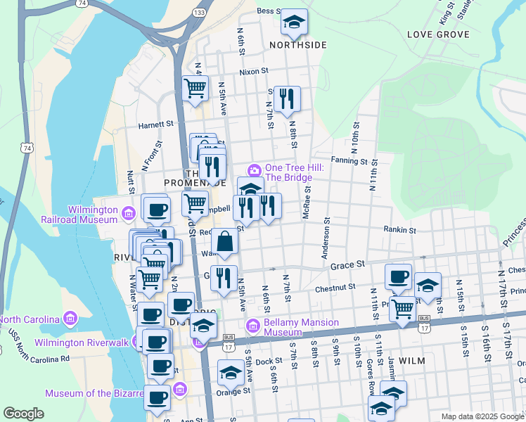 map of restaurants, bars, coffee shops, grocery stores, and more near 507 North 6th Street in Wilmington
