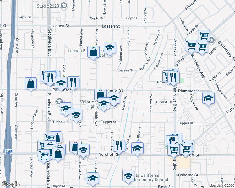 map of restaurants, bars, coffee shops, grocery stores, and more near 14931 Isamar Lane in Los Angeles