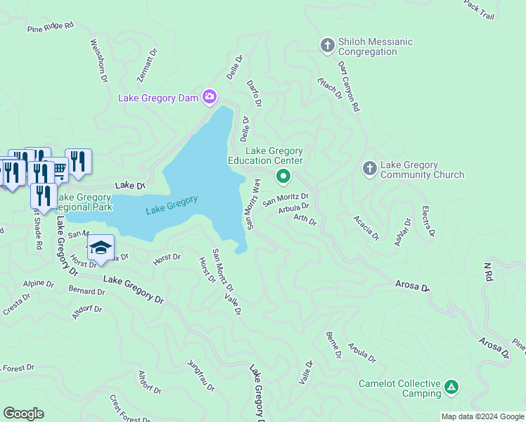 map of restaurants, bars, coffee shops, grocery stores, and more near 24697 San Moritz Drive in Crestline